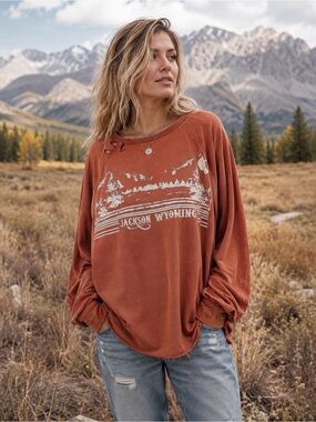 Free People Jackson Wyoming Distressed Graphic Pullover Sweatshirt In Terracotta